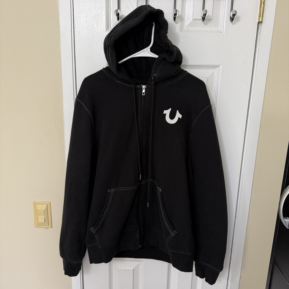 True Religion Hoodie Buddha Y2K Men's M Black Sherpa Lined Full Zip Long Sleeve